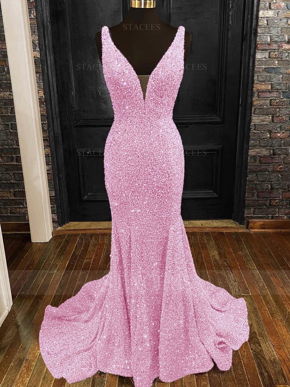 Pink Sequin V-Neck Mermaid Evening Dress